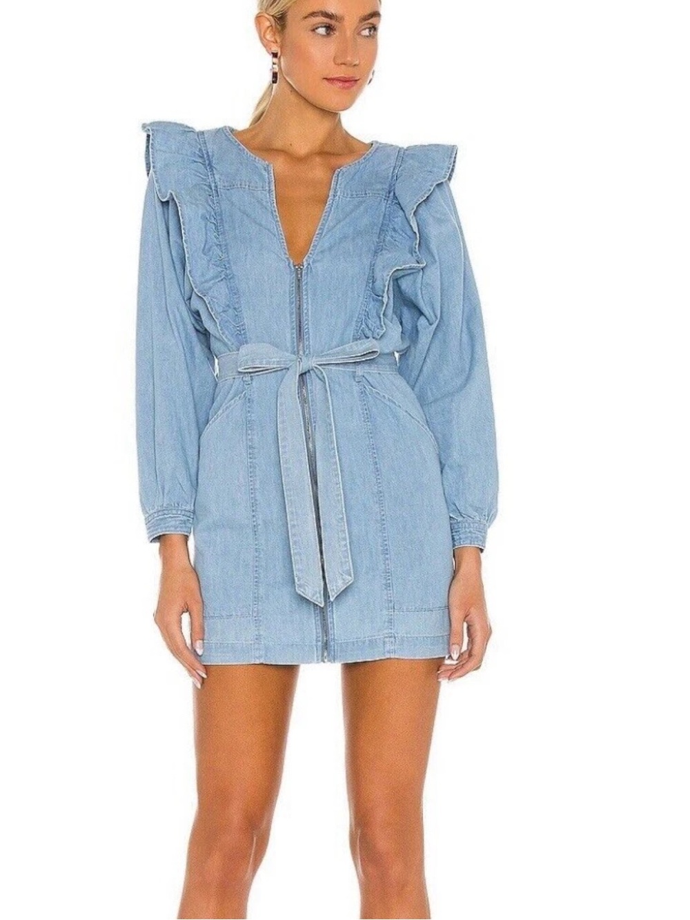 Free People Light Blue Denim Ruffle Mini Dress with Tie Waist